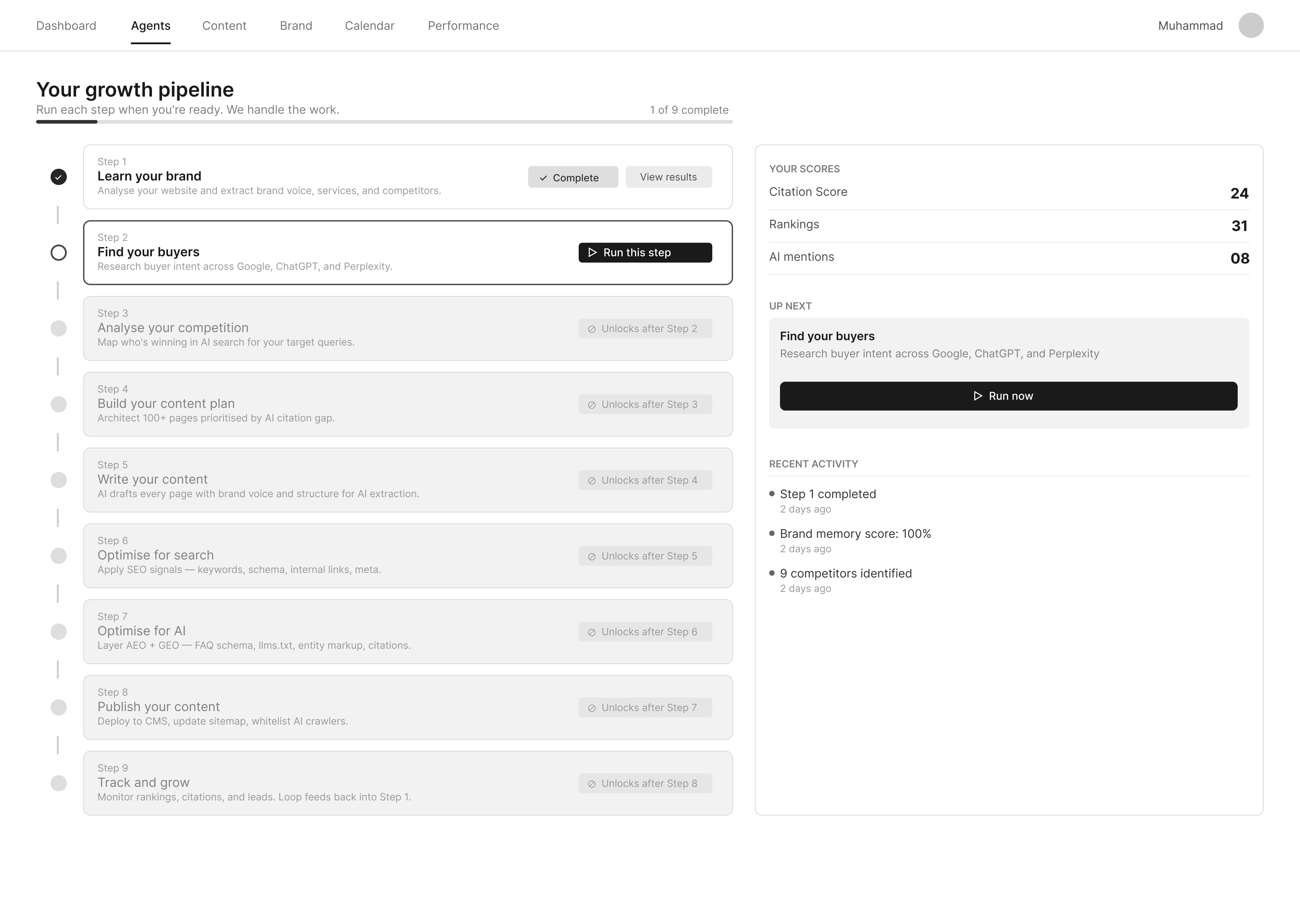 Agents — 9-step pipeline view
