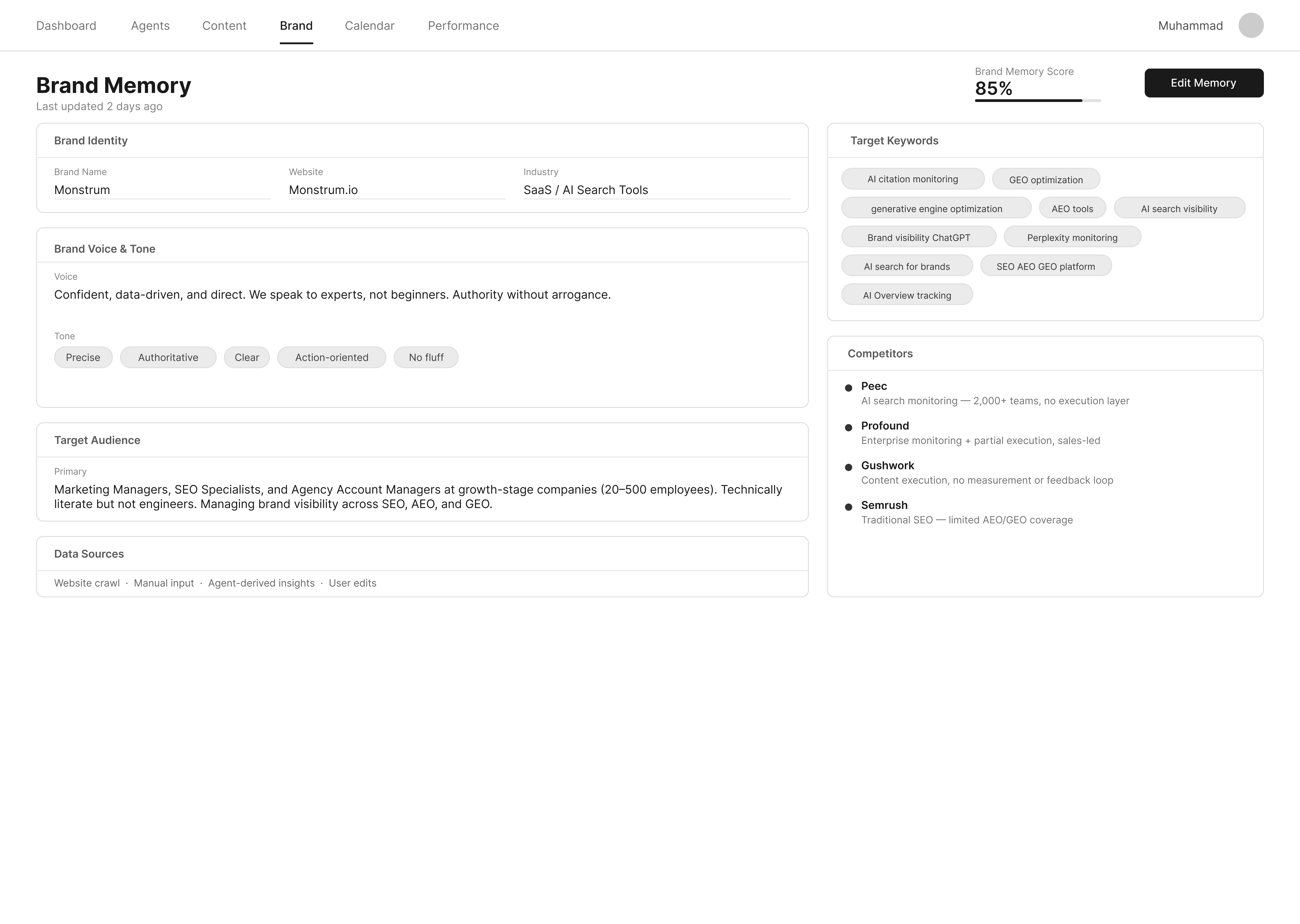 Brand Memory — read and edit states